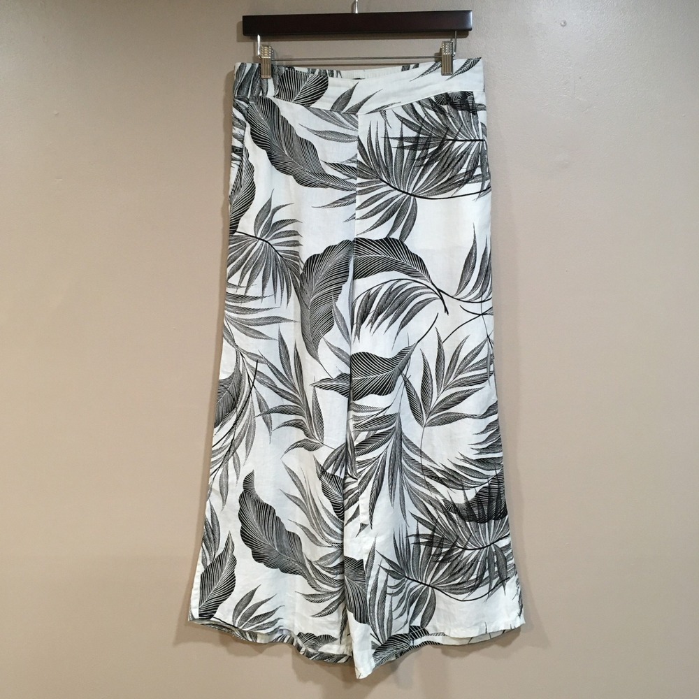 Tahari Tropical Linen Wide Leg Crop Pants Womens L White Black Vacation Resort